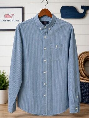 Vineyard Vines Slim Longshore Shirt Mens L Blue White Stripe Button Down Stretch